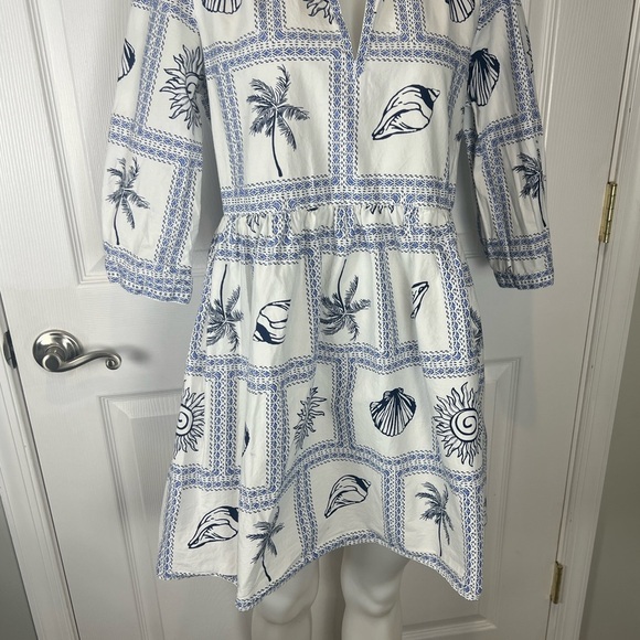 Calypso St.Barth blue & white cotton shell print 3/4 sleeve Zoe mini dress M - Picture 5 of 10
